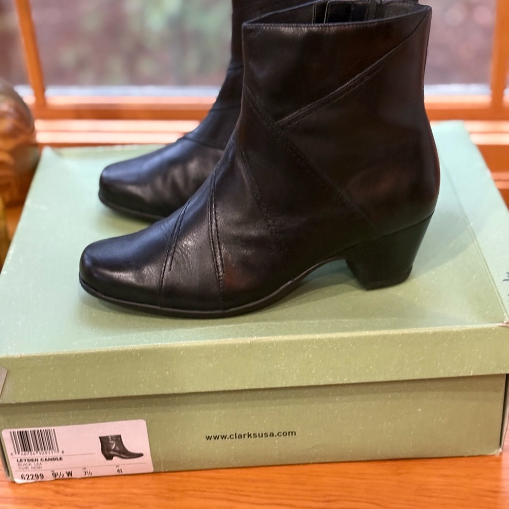Great condition with box-Clarks Black Booties with Chunky Heel